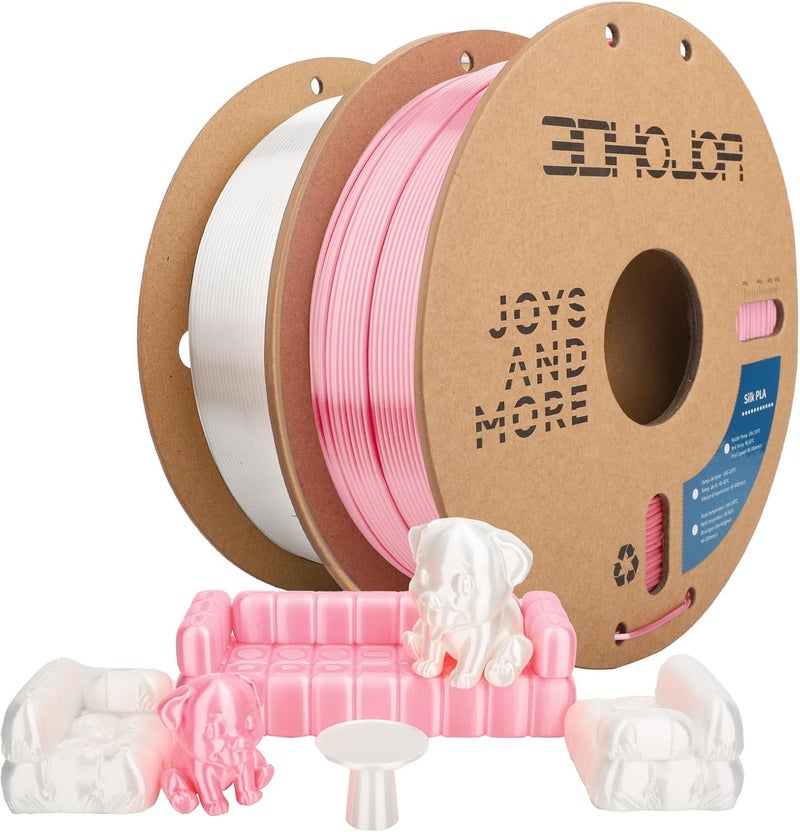 3DHoJor خيوط PLA حرير 1.75 مم، خيوط PLA حرير لامع 1.75 مم لطابعة ثلاثية الأبعاد، 1 كجم*2 بكرة كرتونية، دقة الأبعاد +/- 0.03 مم، تناسب معظم طابعات FDM (حرير أبيض + وردي) - Image 1
